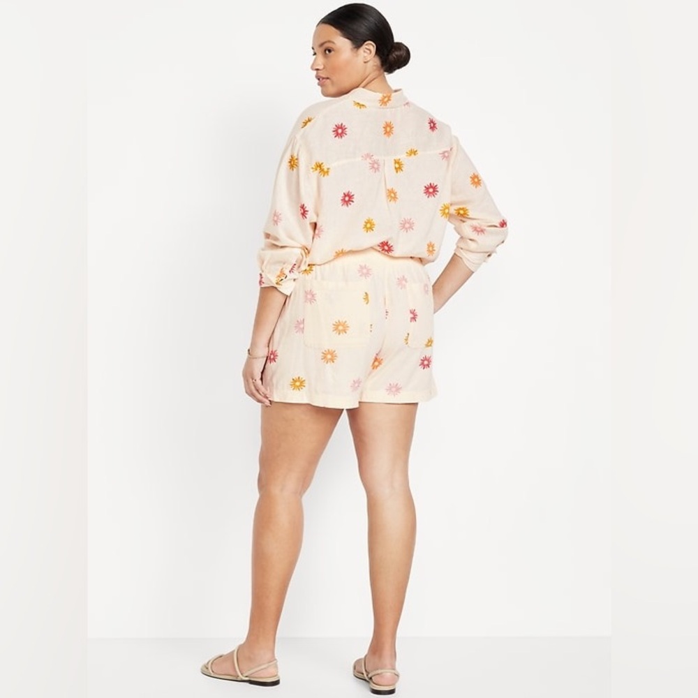 🌼OLD NAVY🌼 NWT Peachy Cream Floral Linen Shirt and Shorts Set, Size XL - Picture 2 of 13